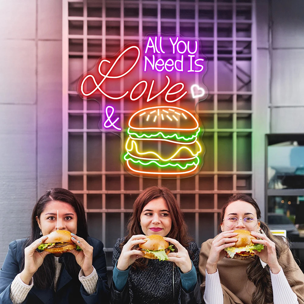 All You Need Is Love & Burger Neon Sign – Custom LED Fast Food Wall Decor