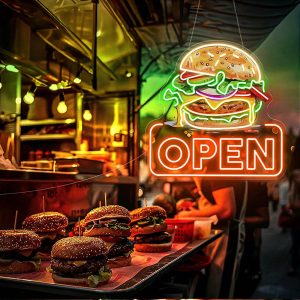 Burger Open Neon Sign – Custom LED Fast Food Restaurant Light