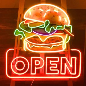 Burger Open Neon Sign – Custom LED Fast Food Restaurant Light