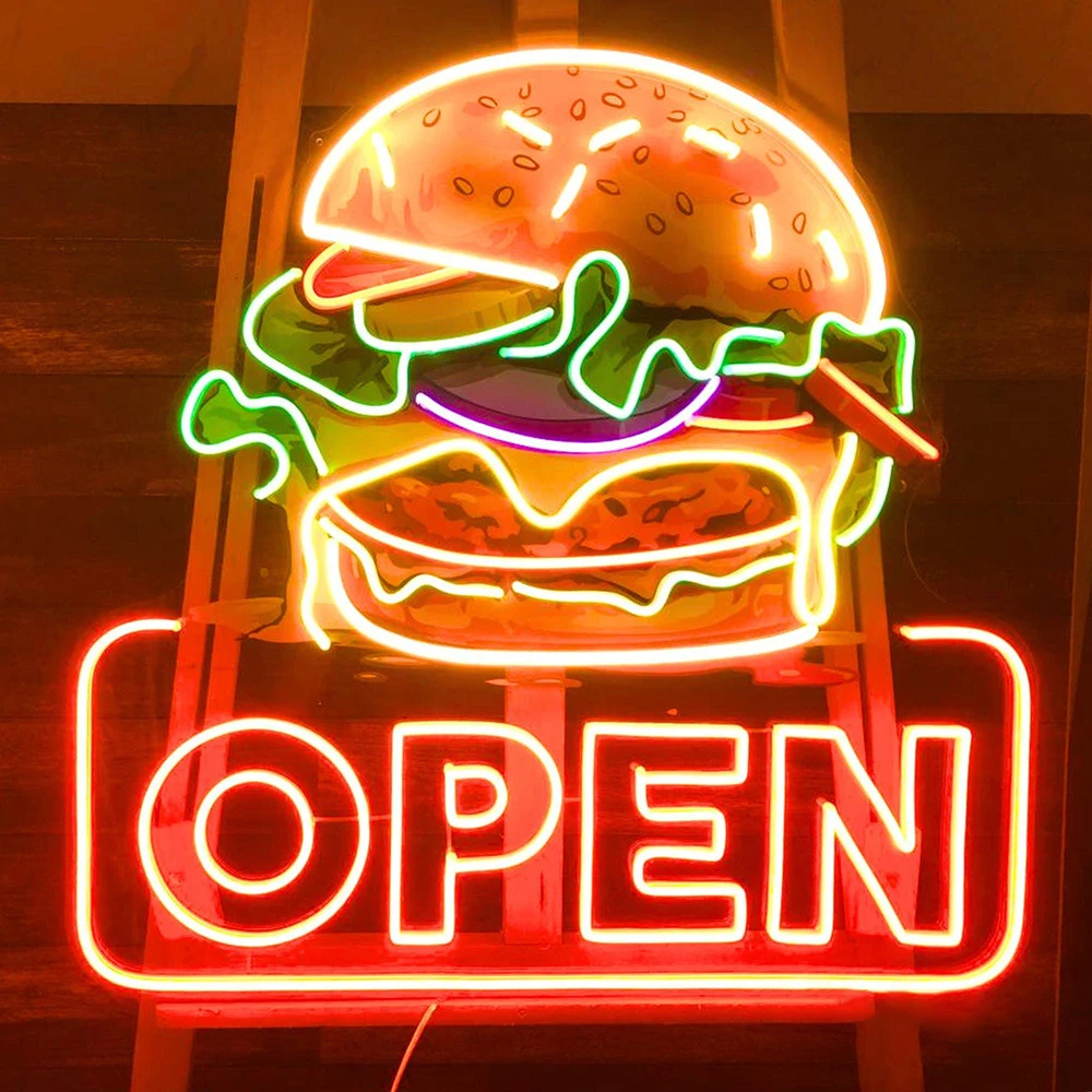 Burger Open Neon Sign – Custom LED Fast Food Restaurant Light - Image 2