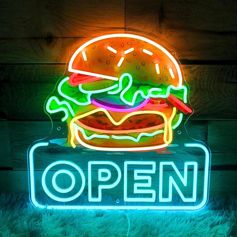 Burger Open Neon Sign – Custom LED Fast Food Restaurant Light - Image 3