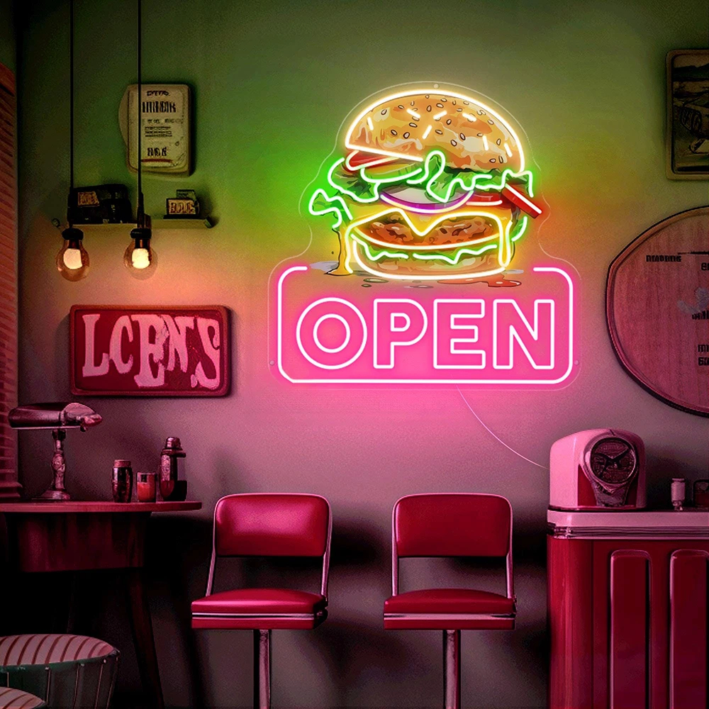 Burger Open Neon Sign – Custom LED Fast Food Restaurant Light - Image 4