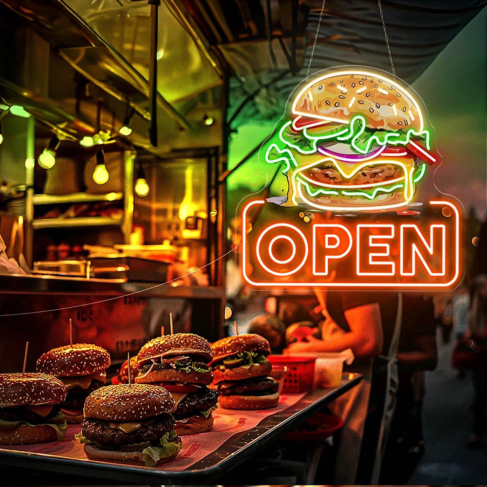 Burger Open Neon Sign – Custom LED Fast Food Restaurant Light - Image 6