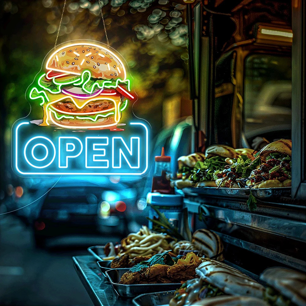 Burger Open Neon Sign – Custom LED Fast Food Restaurant Light - Image 7