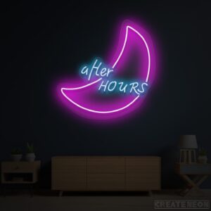 After Hours Moon Neon Sign – Blue LED Wall Light for Home & Bar Decor