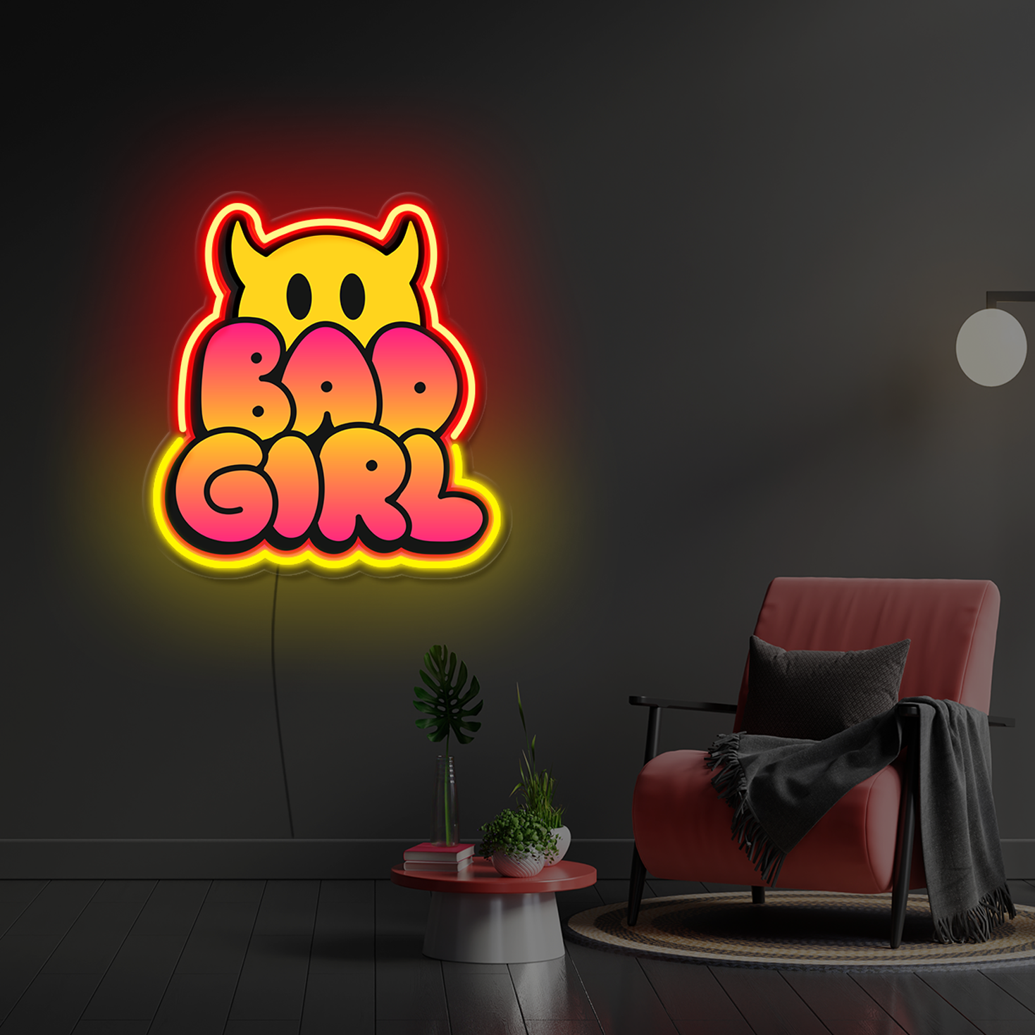 Bad Girl LED Neon Sign glowing in modern living room